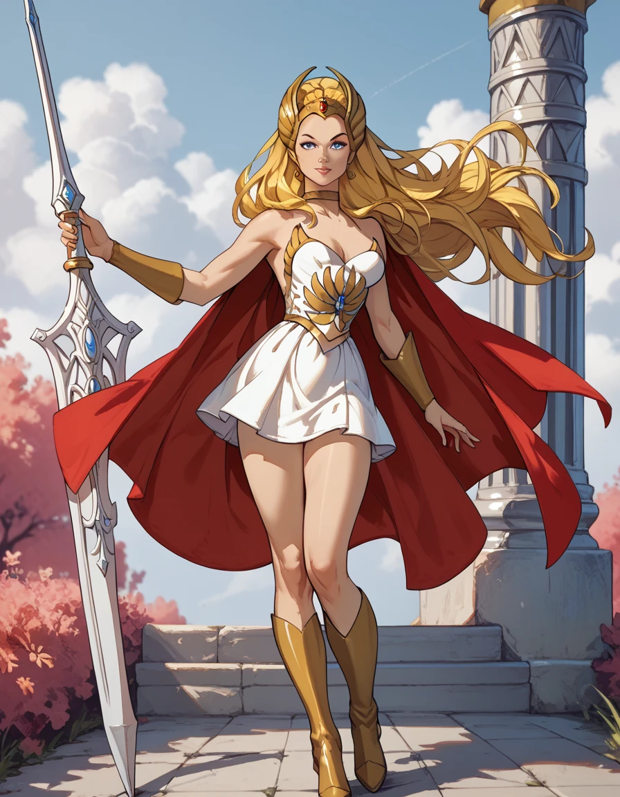 ((Full body photo, standing, on the ground)) masterpiece, best quality, She-Ra die Prinzessin der Macht sie von Leech von hinten gepackt