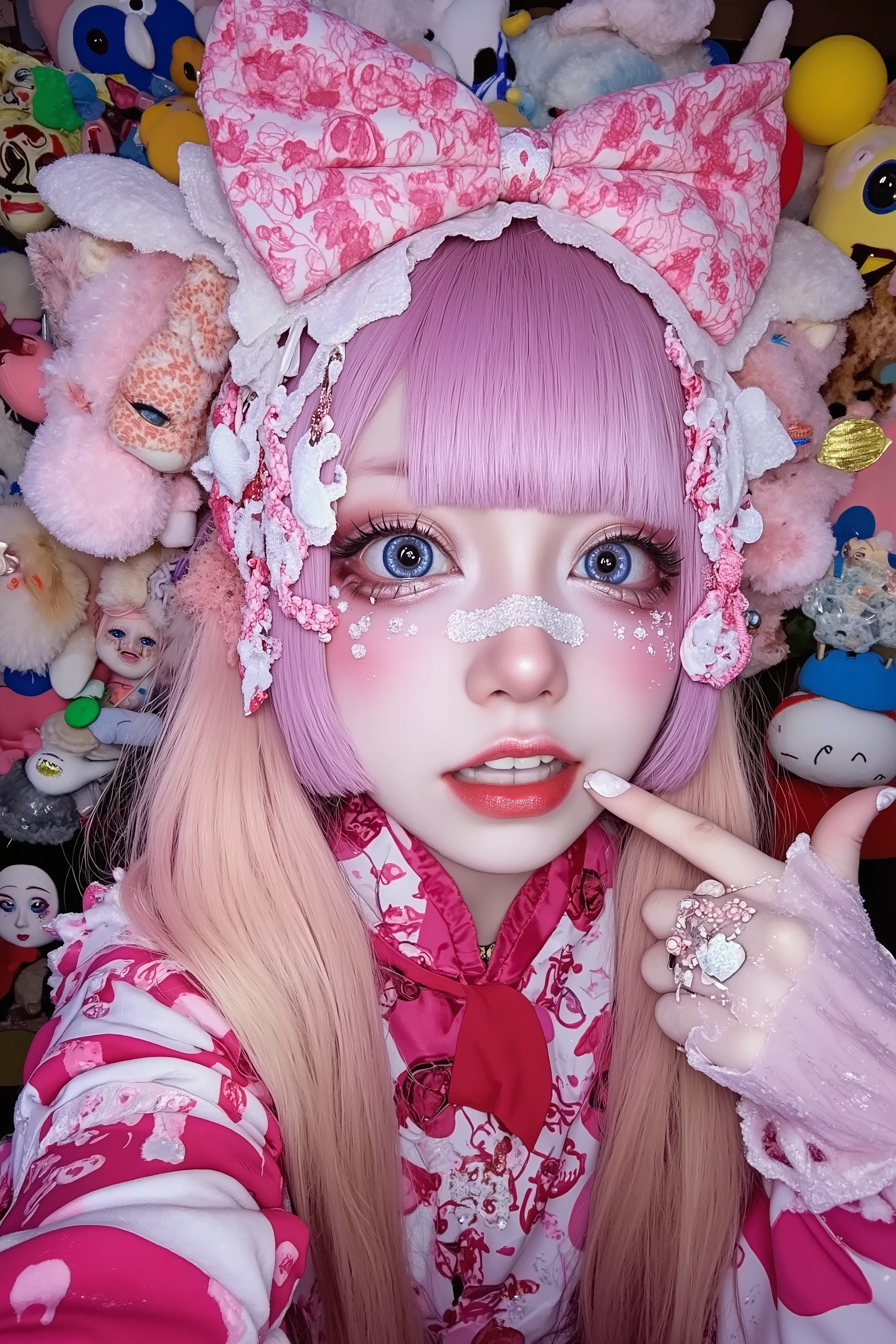 fisheye lens,fashion portrait,artist photoshoot,1 japanese girl,decora,beautiful and cute face,smile,heavy makeup,long hair,bangs,pink and white,big ribbon,Bandage on nose,fullbody,Surrounded by lots of cute and strange stuffed toys,mixed pop and goth fashion,takashi murakami artstyle decora background,studio lighting