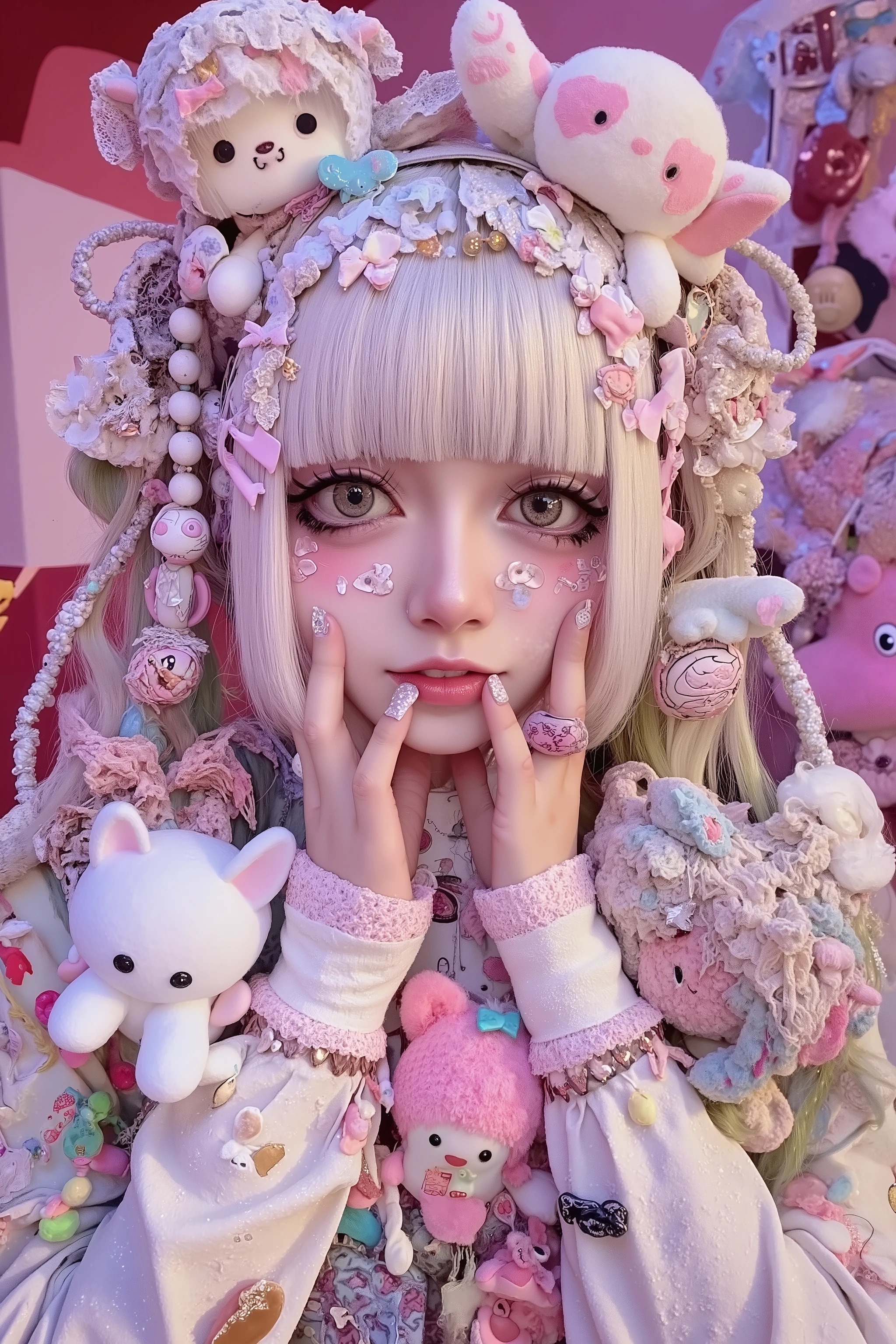 fisheye lens,fashion portrait,artist photoshoot,1 japanese girl,decora,beautiful and cute face,smile,heavy makeup,long hair,bangs,pink and white,big ribbon,Bandage on nose,fullbody,Surrounded by lots of cute and strange stuffed toys,mixed pop and goth fashion,takashi murakami artstyle decora background,studio lighting