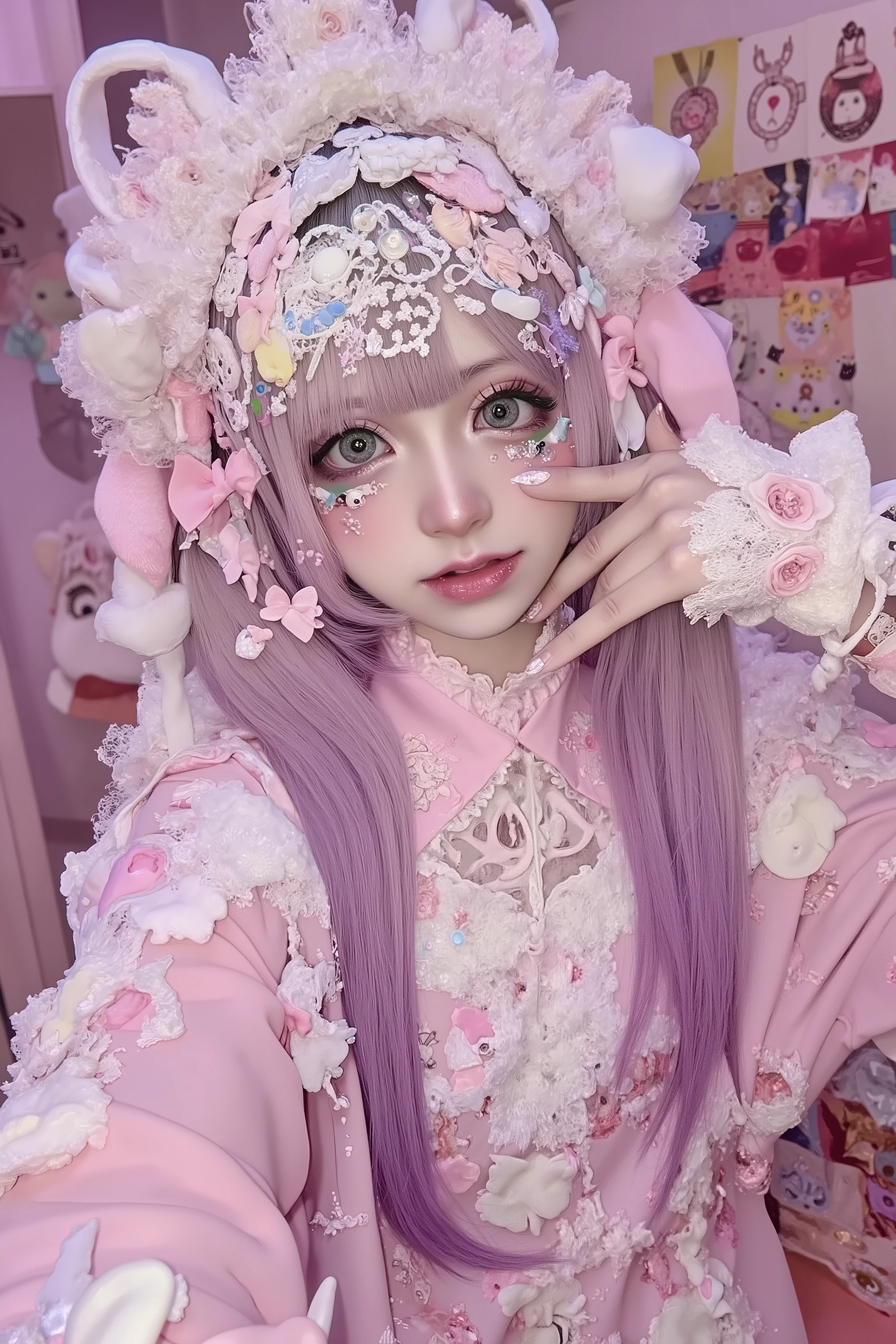 fisheye lens,fashion portrait,artist photoshoot,1 japanese girl,decora,beautiful and cute face,smile,heavy makeup,long hair,bangs,pink and white,fullbody,anime girl print clothes,mixed pop and goth fashion,takashi murakami artstyle decora background,studio lighting