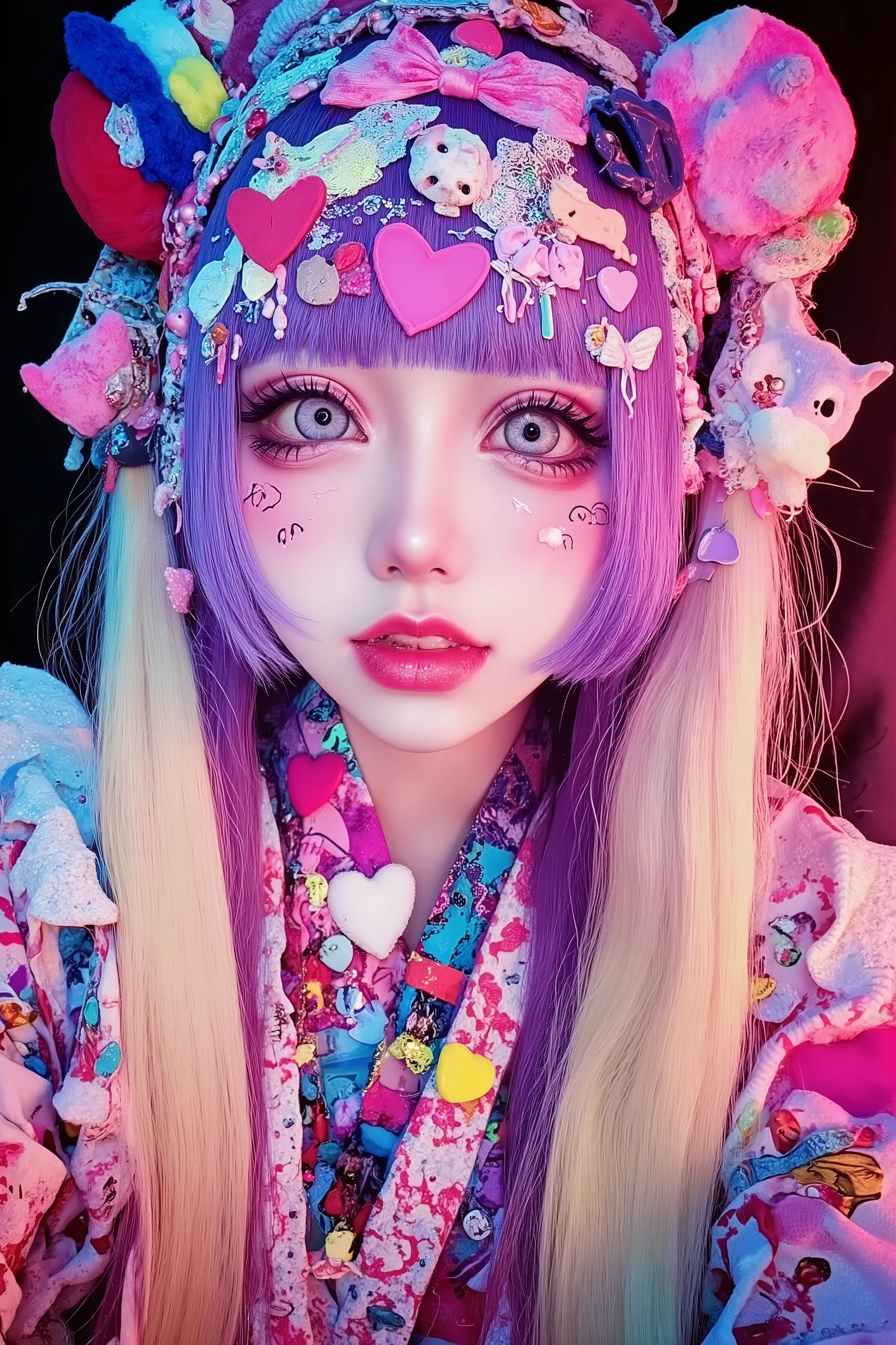 1 japanese girl,decora,beautiful and cute face,smile,heavy makeup,long hair,bangs, face shot,pop,artist photoshoot,decora background,dramatic lighting