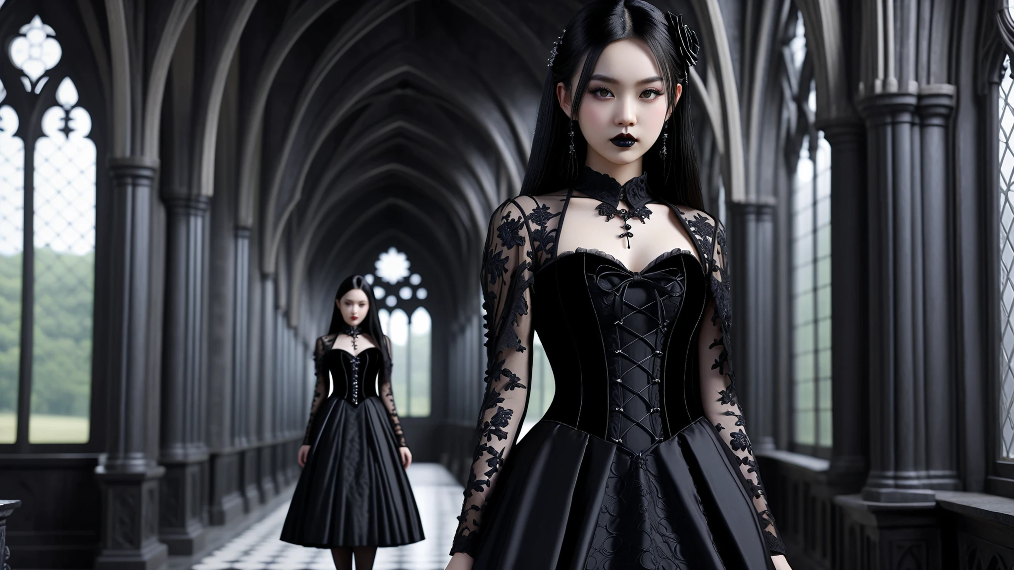 beautiful asian gothic girl wearing Gothic ta dress in a goth setting background, beautiful detailed, high resolution, 32K, realistic rendering, (Masterpiece, Hi-res: 1. 2), ultra-realistic details, High Definition, Accurate, top quality, High Definition model, high detail, (intricate details : 1.1), full body shot, Deep depth of field