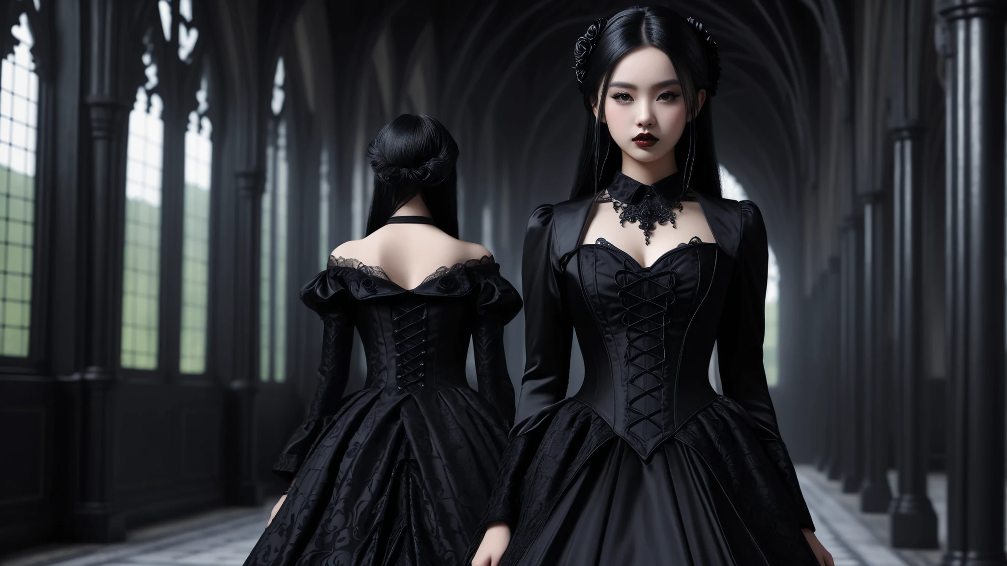 beautiful asian gothic girl wearing Gothic dress in a goth setting background, beautiful detailed, high resolution, 32K, realistic rendering, (Masterpiece, Hi-res: 1. 2), ultra-realistic details, High Definition, Accurate, top quality, High Definition model, high detail, (intricate details : 1.1), full body shot, Deep depth of field