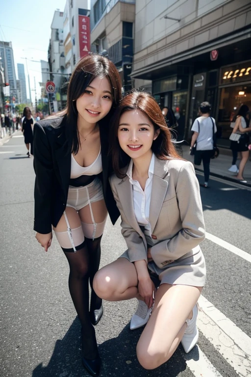 Two girls with short hair and long hair, beautiful and sweet face, Japanese or Indonesian ethnicity, sitting position and opening your thighs (straddle), wear clear glasses, in , long skirt, white panties, thin, pussy (vagina & clitoris) Pink, location in the middle of the city road