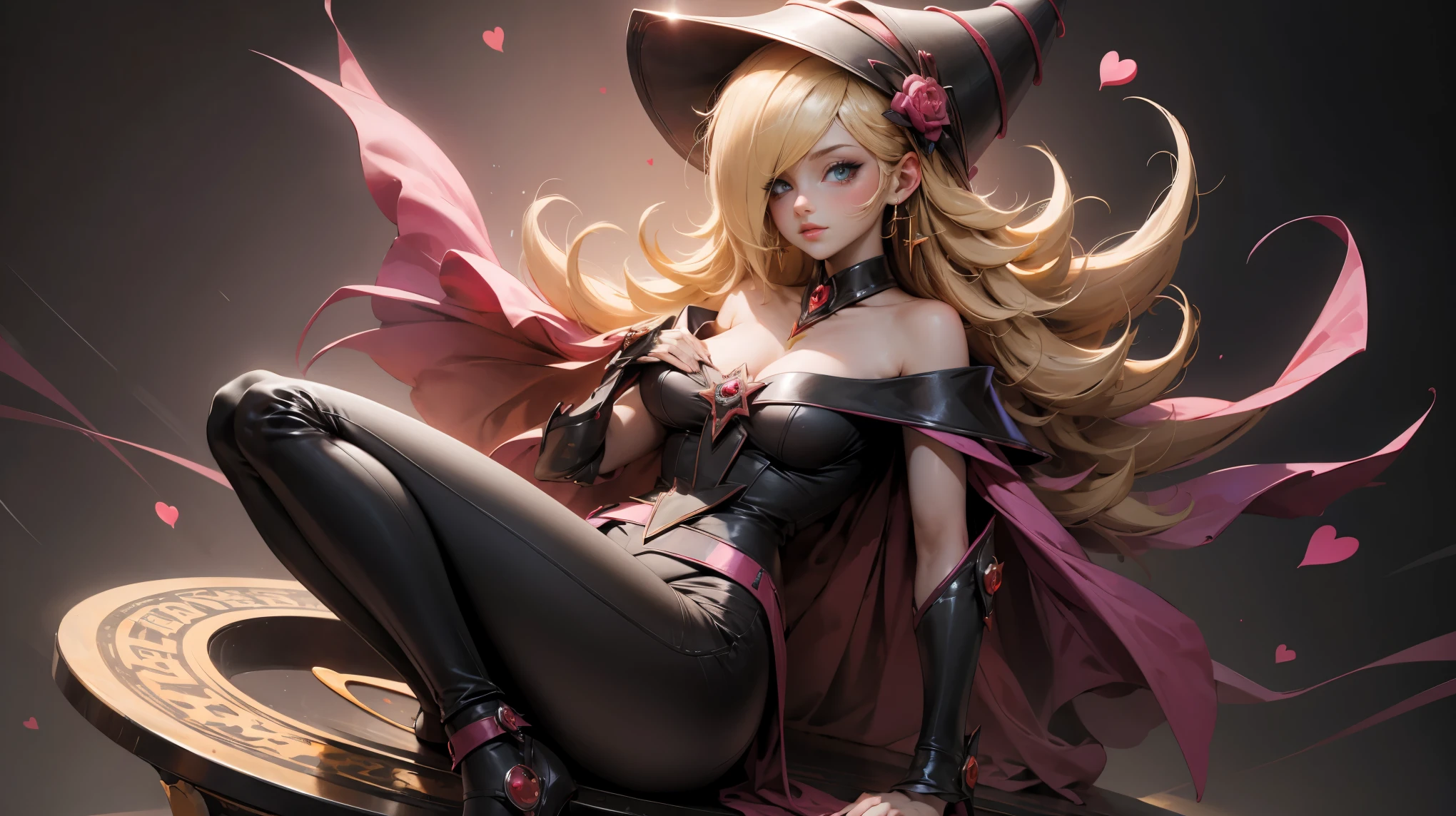magician girl, floating cards, dramatic lighting, red rose petals falling around her, short black halter dress, wearing magician hat, sparkles, wearing black tights, half body view, spotlight, dark background, dynamic lighting, beautiful makeup, long hair, blonde hair, black and red theme