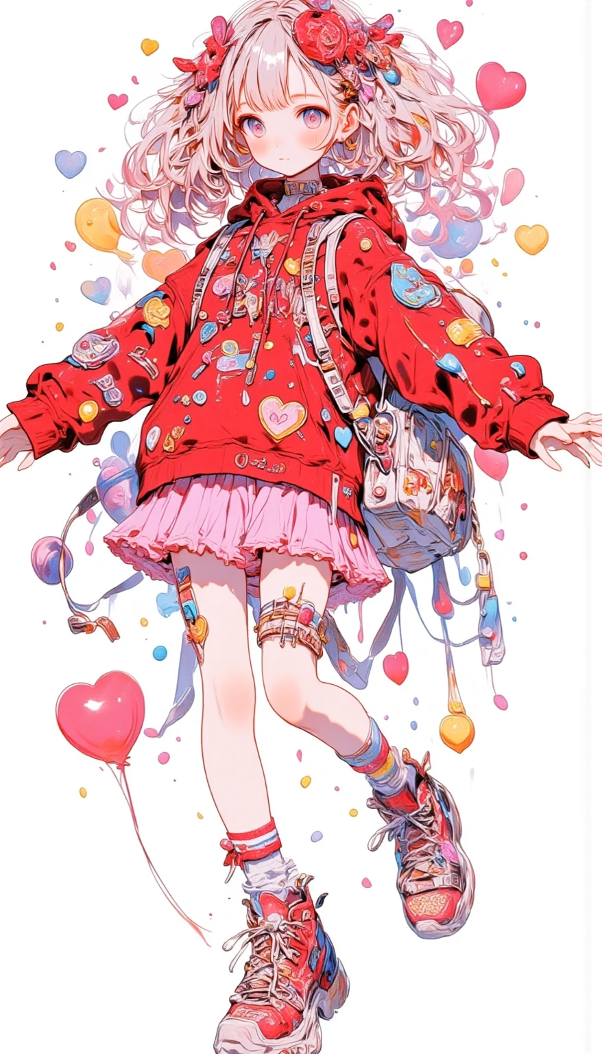 full body, decora fashion girl, vivid red hoodie with heart patches, frilly pink skirt, colorful mismatched socks, red and white platform shoes, hair filled with red ribbons, candies, and heart-shaped clips, armfuls of bracelets and bangles, playful decorated backpack, short bob hairstyle, dynamic pose with arms wide open, big joyful smile, oil painting style, white background, pastel-toned splashes or sparkles, soft glowing light
