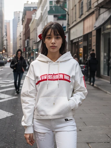 Make an image of a person dressed in a customizable white hoodie: