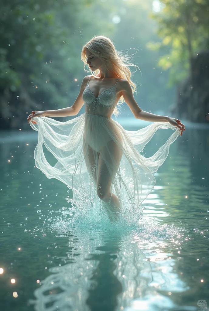 beautiful woman, perfect body, dancing in the water, perfecr definition skin,