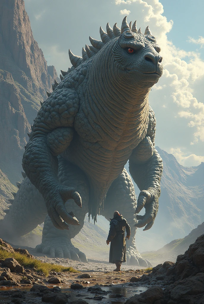 A large black dragon faces a woman..Desert Scene