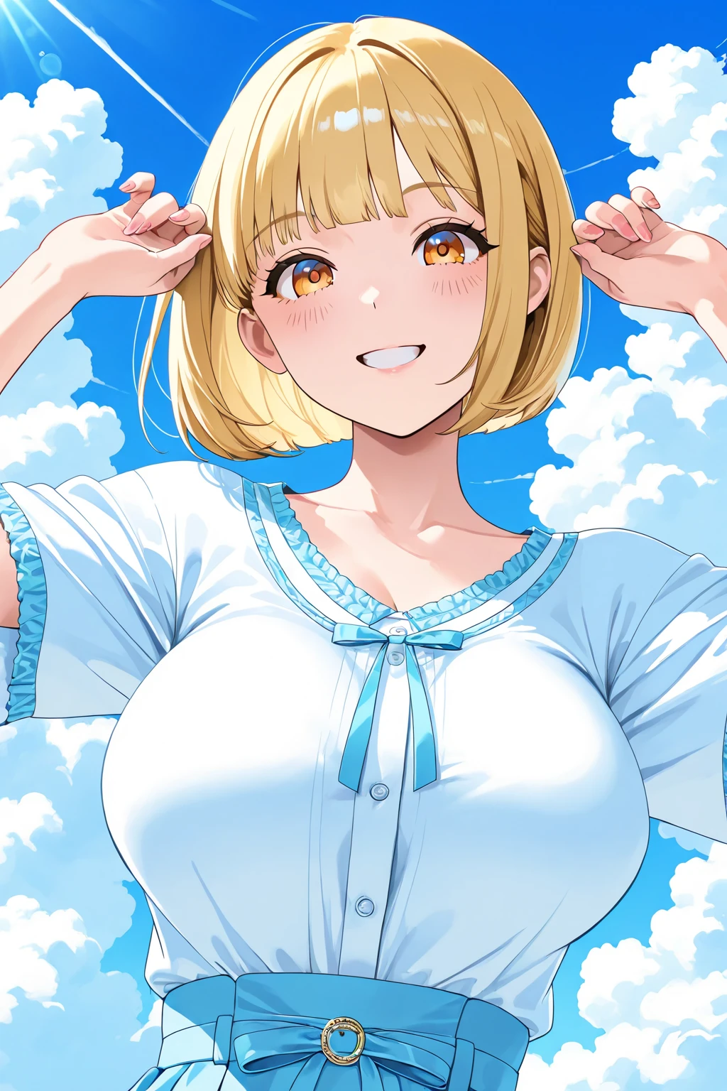 Cute little beautiful girl、Young face、Big Breasts、(A sweet and adorable blush:1.3)、Beautiful Eyes、Brown skin、Braid、one piece、From below、Crouch down