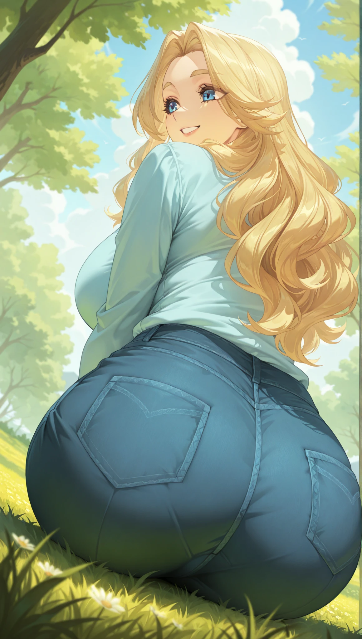 ((best quality)), ((highly detailed)), absurdres, (detailed eyes, deep eyes), (1girl), dynamic pose, very long hair, large breasts, surprised, blushing, jeans, showing butt to viewer, (indoors, party) bbcchan
