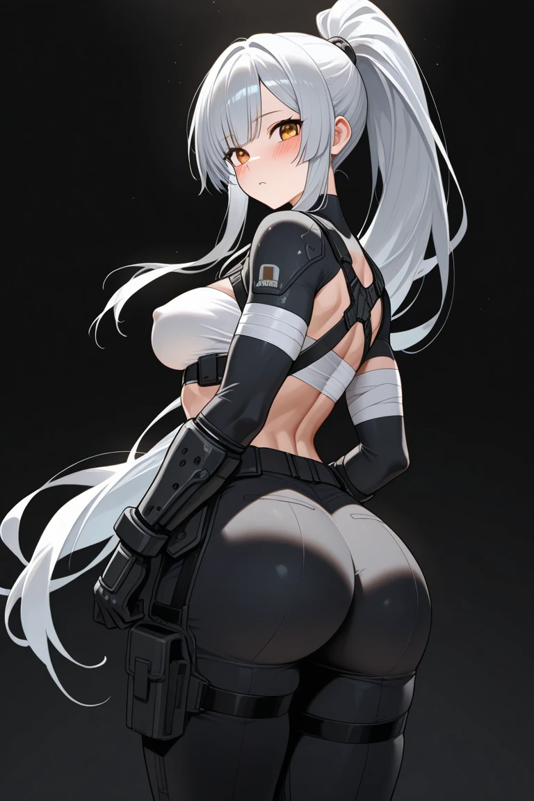 Girl, frowning, loving eyes, wearing only erotic underwear, squatting and opening her legs, hands on the back of her head, huge ass, 100cm hips, head back to the camera, hairless, on an iron chair, high-quality training data, panoramic framing