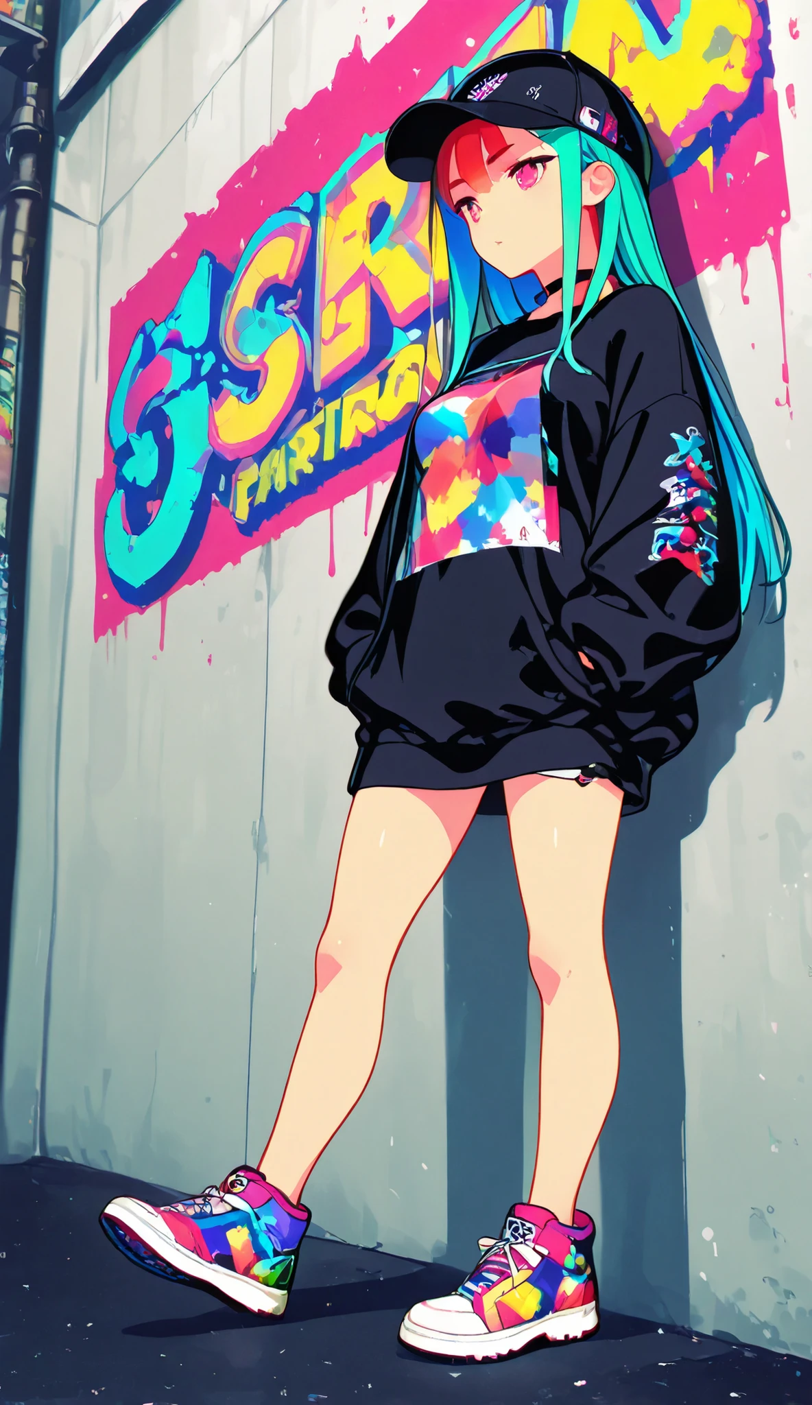 Step Piece, Best Quality, Best Illustration, Ultra-detailed,girl, pinkrose long hair, crazy baddie girl, Cool Black Open Short Jacket, neck tattoo, Messy Fade Cut Hair, Side braided hair,Crazy, standing with an eerie feeling, abandond street graffiti wall background,knee high socks, quirky sneakers, Eyeshadow on the eyes,unusual colored eyes, Eyes of fear, Vivid eyes, cool shot
