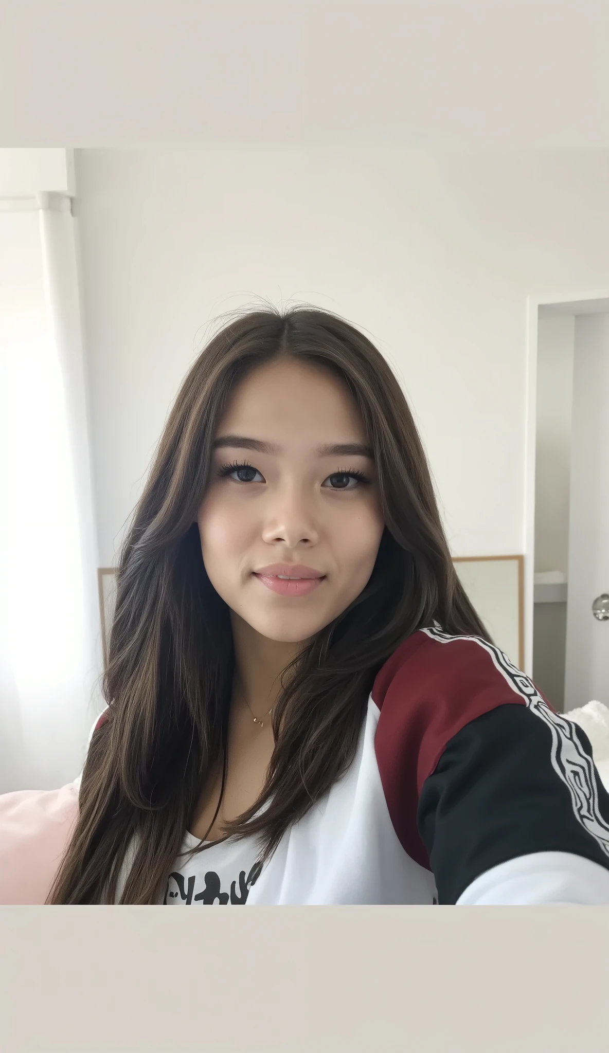 High-quality portrait of a young girl with long ones, straight, dark brown hair, as in the reference image. She is wearing trendy casual clothes: light denim jacket over a white t-shirt, cozy and stylish setting, Soft daylight, natural makeup, friendly facial expression