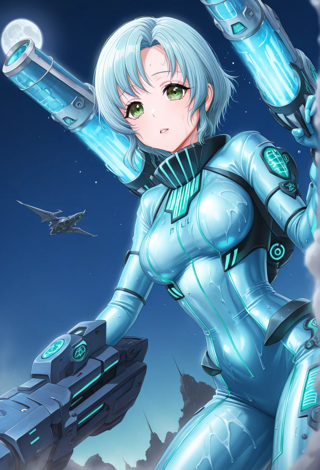 ((Holographic glow effect)),Blue Hair、Masterpiece、Best Quality、1 girl、Medium breast、((Album cover))、Light on Face、Slim Body、Blue Costume、Exoskeleton、metal Gear、Cyberpunk Style、ponytail、The Gundam pilot、attention arousal,Ride a fighter