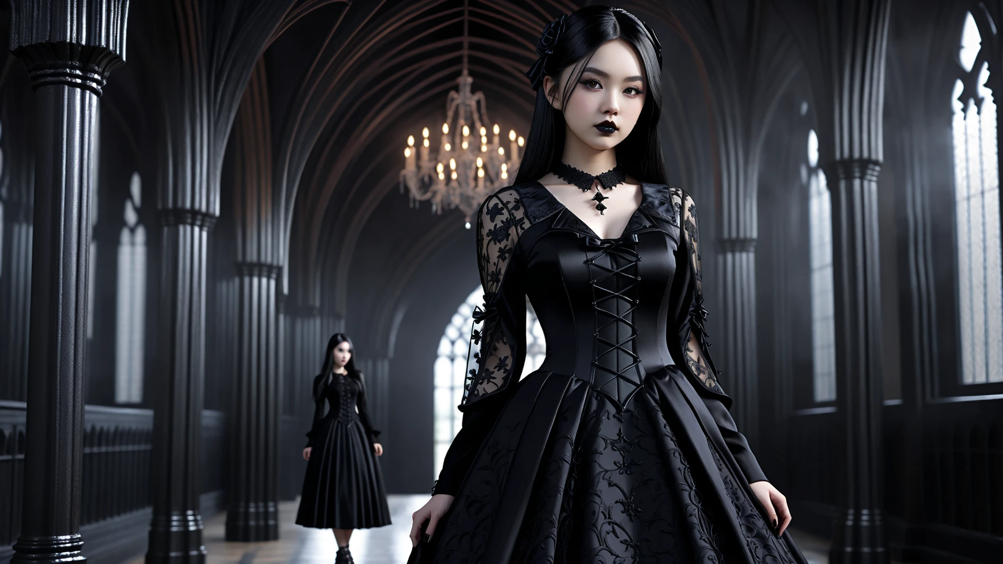 beautiful asian gothic girl wearing Gothic ta dress in a goth setting background, beautiful detailed, high resolution, 32K, realistic rendering, (Masterpiece, Hi-res: 1. 2), ultra-realistic details, High Definition, Accurate, top quality, High Definition model, high detail, (intricate details : 1.1), full body shot, Deep depth of field