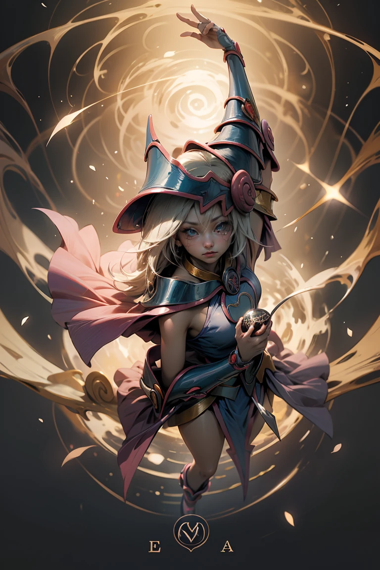 (Masterpiece:1.2), (The best quality:1.2), perfect lighting, Dark Magician Girl casting a spell, in battle. floating in the air, big and visible tits, wear jeans and heels. transparent neckline, blue robe, big hat, From above, sparkles, Yugioh game, The magic of the heart, romantic heart.