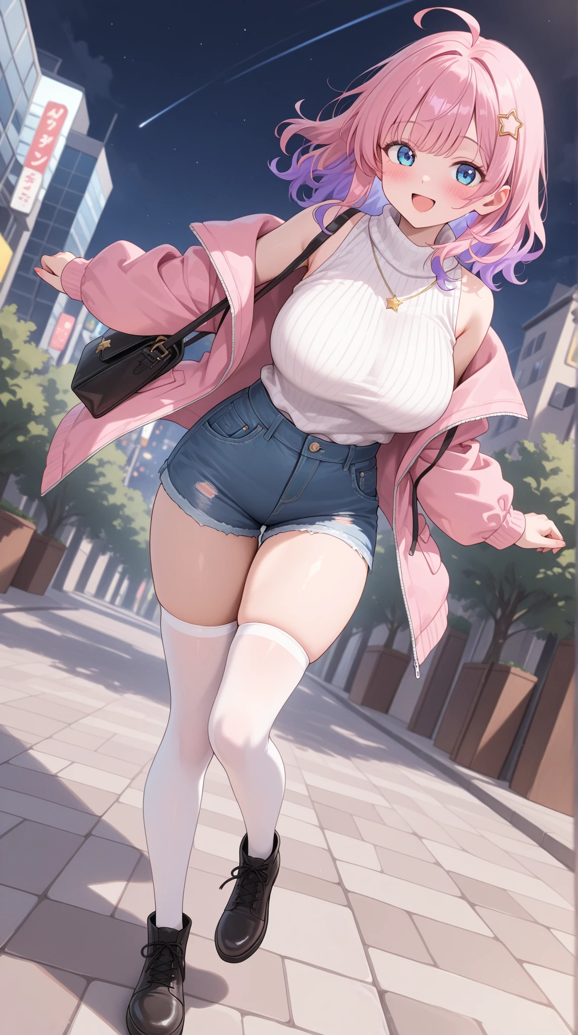 1girll,Large breasts, 
Outdoors,Cityscape, street,standing,Cowboy shot, 
(Hoodie),headphones around their necks, 
Blush,