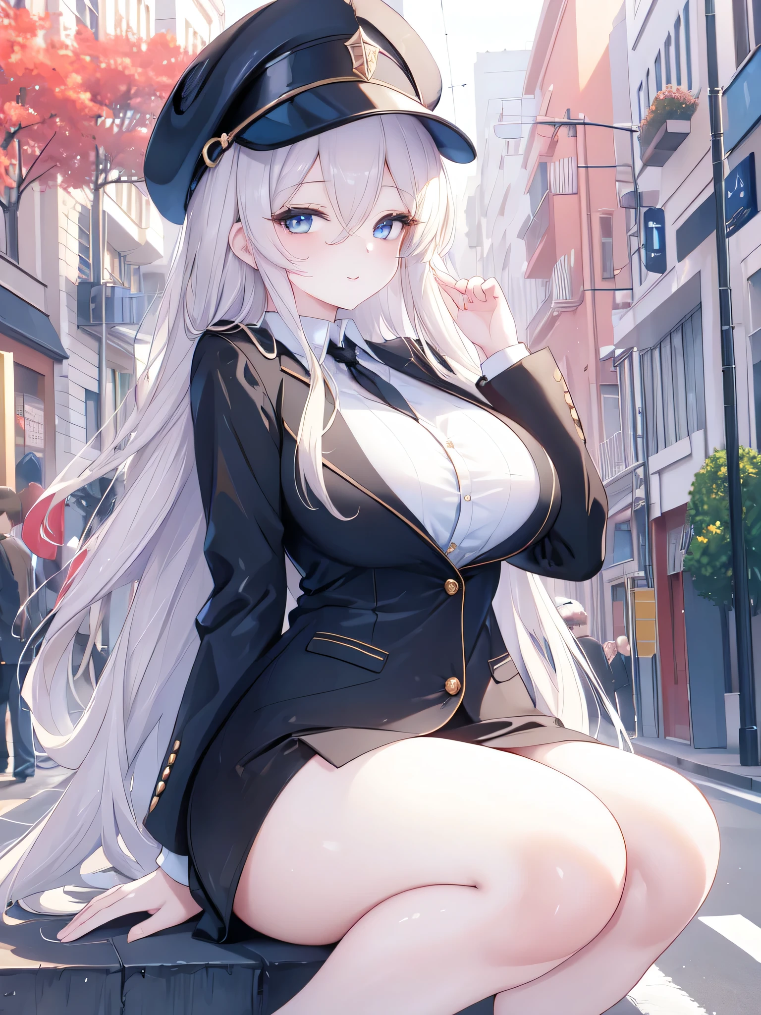 1 girl, Are standing, outdoor, street, City view, Shimakaze Alice, sleeveless dress, put your hand on your waist, gloves, yellow eyes,