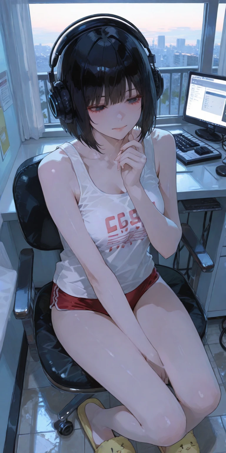 armpits, medium breasts, naked, sitting on toilet, short hair, nipple, spreading legs, showing genital, view from above, abs, angry, peeing