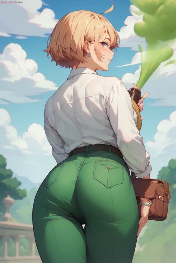 1girl, best quality, gina lestrade, green hat, hat, white shirt, blue vest, vest, gray pants, brown boots, boots, from behind, butt, suggestive