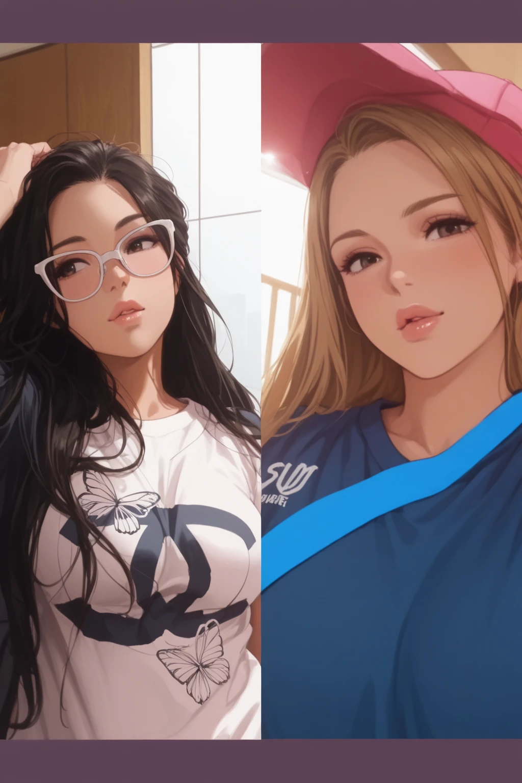 2 heads, a tall fat woman with 2 heads. Inside a bedroom with a window. Laying down in a bed, laying on back. Nerdy. Wearing tank top, wearing sport shorts. Deep cleavage. Enormous round fake breasts. Big messy brown hair in a bun. Mature. Blushing. Happy, smug. Gigantic fake breasts. Gripping breast. Nerdy. Wife. Mother. Wide hips. In love. Blushing. Huge lips, lipstick. Selfie, POV selfie, taking a selfie.