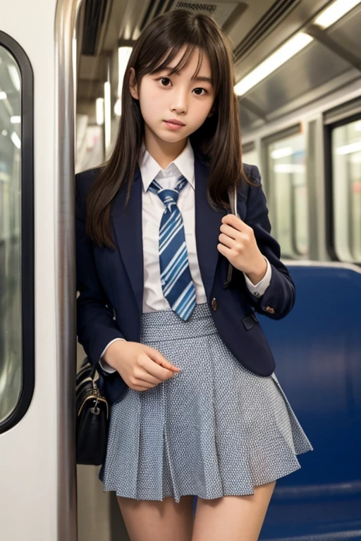 (8k, RAW photo, best quality, masterpiece:1.2), High detail RAW color photo, professional photograph, (realistic, photo realistic:1.37), ((best quality)),On the way to school, (((a beautiful and cute girl in a junior high  stands on her tiptoes because of her short stature, and holds on to the straps of the train with her right arm stretched out straight:1.68))),((the girl is 13 years old)),feminine,((The girl is 138cm tall:1.37)), ((the girl is baby face)),(((the girl has small cute face))), ((big double eyelid eyes)), ((small cute nose)), ((slim waist)), ((small hip)), (looking at viewer:1.2),smooth hair, smooth skins, ((no manicure)), ((no maked up)), ((no accessary)),(the girl is wearing uniforms consisting of a white open-collar business shirt and a navy blue school skirt),((The girl is hanging on to the strap with her right hand)),