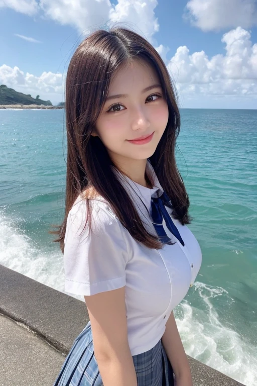((highest quality、table top、8k、best image quality、extremely complex and detailed depiction))、(1 person photo:1.1)、The best smile staring at the camera、beautiful beach、(red hibiscus hair ornament:1.1)、(polyester shirt:1.1)、navy pleated skirt、high school uniform、(Huge breasts that are about to burst:1.1)、(emphasize body line:1.1)、cleavage、(close up of face:1.2)、glamorous body、hair swaying in the wind、sandy beach、beautiful sea、Recreate the perfect details of a deserted island、Crystal clear and sparkling sea、Complex sea glow、beautiful seaの詳細が描かれています、Brightly lit face、Ultra high definition beauty face、ultra high definition hair、Super high-definition sparkling eyes、(Pure white skin shining in ultra-high resolution:1.1)、Super high resolution glossy lips