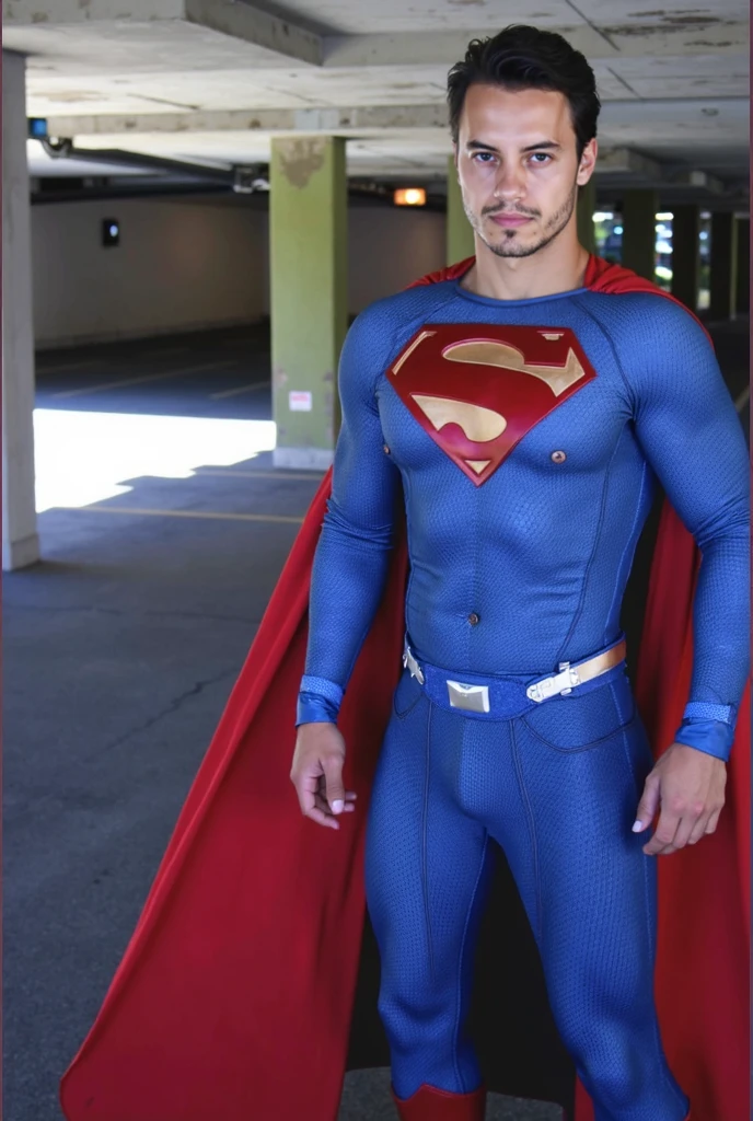 A base model of a sexy indian man wearing a superman costume, homoerotic, nsfw , handsome face, detailed eyes ,(penis),head to thighs on focus, ,pubic hair , bookeh, masterpiece , posing for photo shoot , moustache