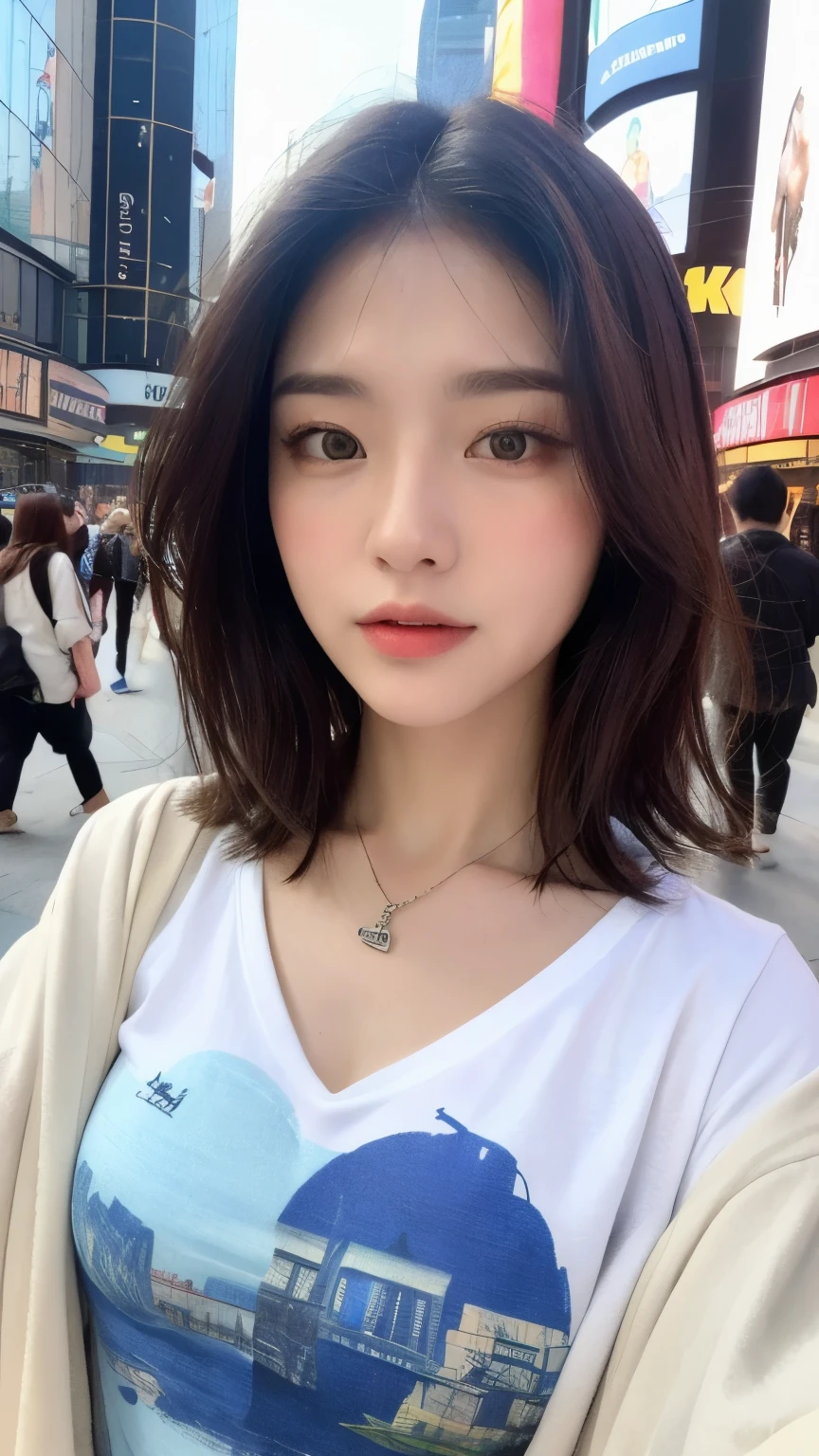 Photo realistic, High resolution, detailed background, detailed beautiful skin, detailed nose, soft lighting, (solo shot:1.23), (upper body:1.1), closed shot, looking at viewer, (((nice hand, perfect hand))), clear eyes,// japanese lady, pale skin, // (wearing band oasis T-shirts ), street snap, ((facing viewer)), at the street tokyo,