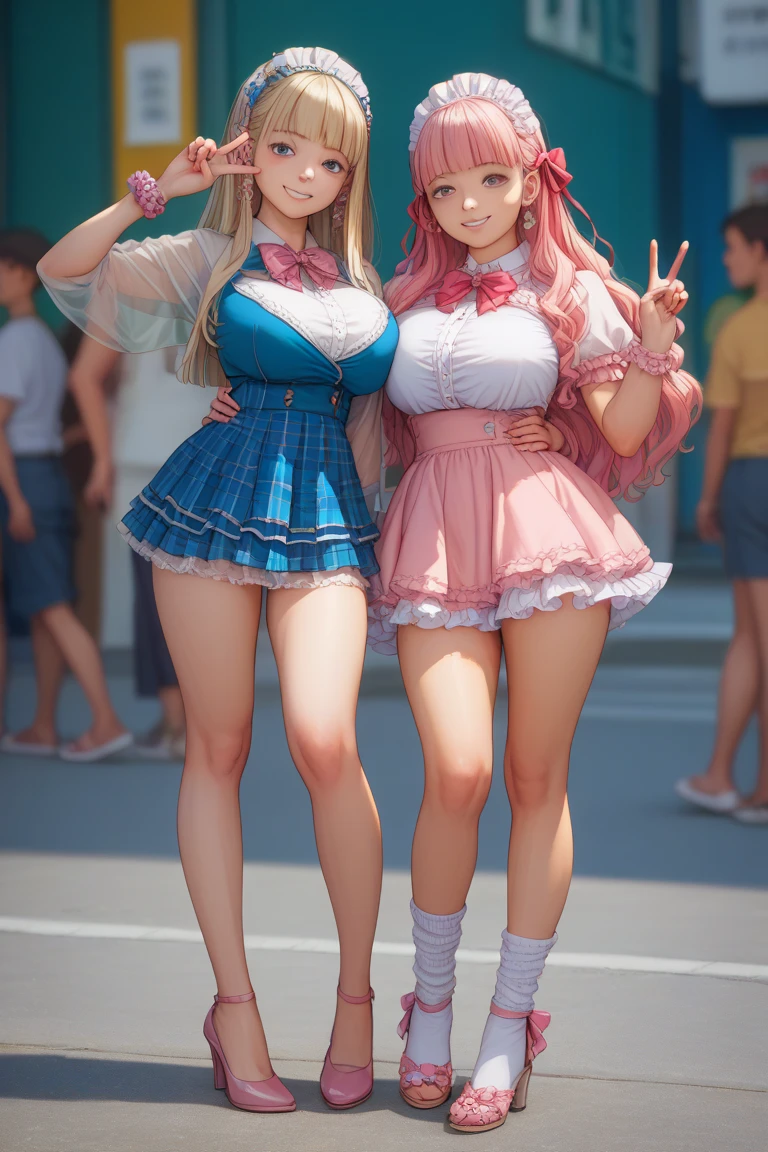 one woman, pink hair, gyaru, canine, aquamarine eyes, Double bun , navel, manicure, Ruffle bikini, piercer, shameful face, cleavage, cute, short skirt, very large breasts, embarrassed expression