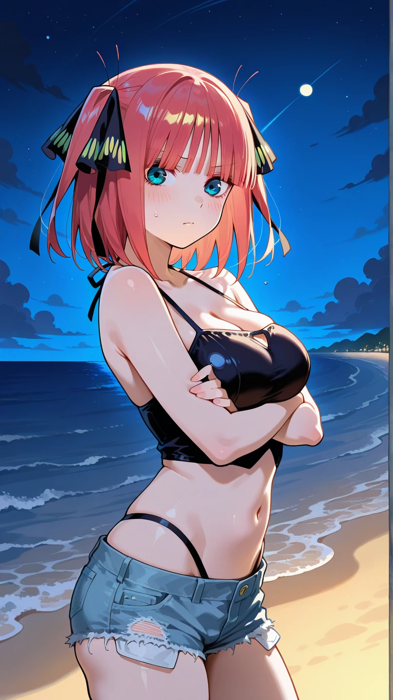 (masterpiece:1.2, high quality), (Pixiv:1.4), (One girl:1.2), (alone:1.2), (Smooth:1.2), (nakano nino), (mature), (have confidence), A little blush, Glossy lips, Crystal Blue Eyes, Black eyeshadow, Pale skin, Pink Hair, bangs, bangs over eyes, clavicle, String Bikini, String, Hair Ribbon, Sexy Outfits, (Perfect round ass:1.2), (Subjective view of thighs), Beach outfit, Dynamic pose, Professional photography, View from below, Back view, Recall, Slim waist, Super detailed, Soft lighting, High Contrast, (Blurred_background:1.2), highly concentrated face, (Detailed face), Essential Details, Vibrant colors, High resolution, 4K, Beautiful outdoors, Beach, (Ocean view), sunny day, Beach volleyball, (sand), Pebble