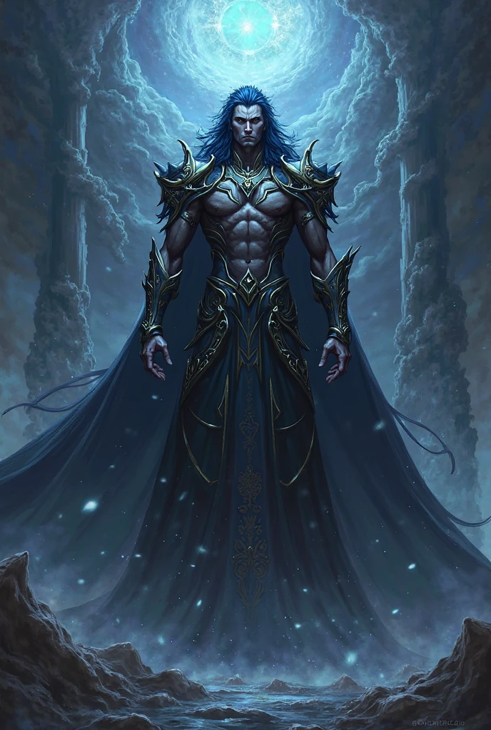 "Create an image that depicts Hades, inspired by the book descriptions of Hades and Persephone, written by Scarlett St. Clair. Hades is described as an imposing and seductive Greek god with a dark and powerful aura. He possesses a tall stature and a sculpted body, emanating strength and authority. Her black hair is long and dense, falling in seductive waves over her broad shoulders. His deep eyes are the most intense blue color, conveying a magnetic mystery. He has majestic black horns that curve elegantly around his head, further underscoring his divine nature. The expression on his face reflects a piercing gaze, full of power and knowledge of the dark world he rules. (His skin is pale), like the silvery light of the moon, contrasting with the gloomy scenery around him. In addition, Hades is depicted wearing elegant and majestic costumes, which perfectly match his imposing presence. Their appearance is a balance between beauty and power, attracting both admiration and awe. When creating the image of Hades, be sure to capture his dominant presence, the intensity of his gaze, and the combination of his dark and seductive features. The image should convey the strength and mystery that surrounds it, bringing to life this fascinating Greek god of the underground."