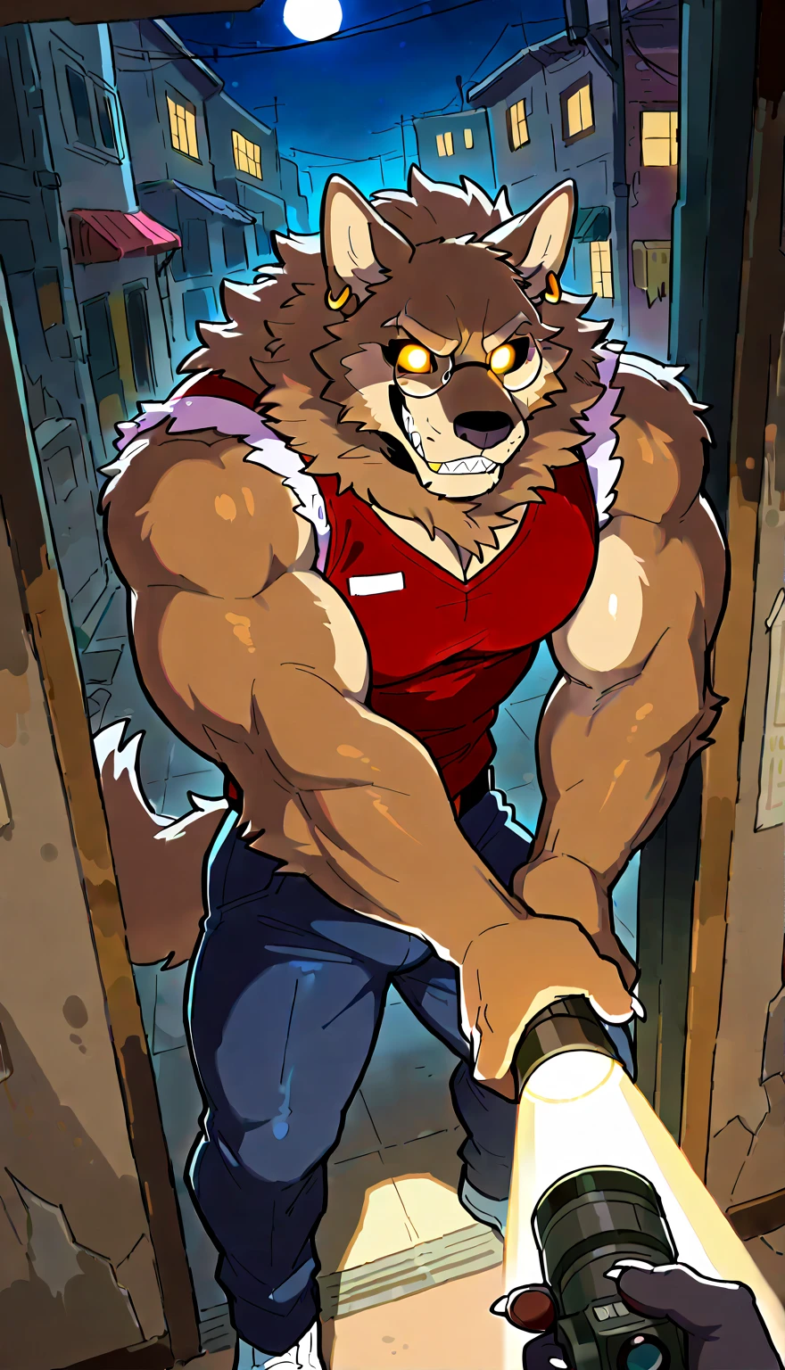 Security officer Dyne explores a closed dark abandoned Freddy Fazbear's Pizzeria. He's holding a flashlight, and is looking around Freddy Fazbear's pizzeria. Animatronic Cornelius is sneaking up him!!! BREAK Dyne is a black werewolf furry anthro fazbear security guard. He is smaller than Cornelius. couple, duo, 2 characters. g score_9, score_8_up, score_7_up, score_6_up, dynamic pose,masterpiece,anthro, (Cornelius, Male, furry, Lion anthro, Medium muscular lion, no mane, brown, light brown lion, feline, long brown pony tail hair, lion ears, wearing tiny gold round glasses, , hands, standing, posing, good , arms, male , perfect , perfect body no defects, hands, 5 fingers, perfect hands, completely perfect body, 4k (Realistic eye details 1.2), fluffy fur, source anime, best quality, anthro, A muscular lion man with a strong build. He has a well-defined jawline and a serious expression. His fur is brown, pony tail long, and he has no mane, Mature male, anthro, feline, animatronic, robot, good drawn sharp teeth, no blur, red body, claws,sharp teeth, gold tooth, gold (metal),shredded ears, animal ears,ear piercing,jewlery, animatronic, robust body, friendly appearance, blue and white metallic fur, red vest, and gold accents, glowing eyes, warm smile, big dumb smile, Highly detailed, white sclera, yellow eyes, male,countershade,fur,white sclera,tall male,hairy male,one hooked hand,muscular male,damaged body,black robotic legs,damaged pec,high angle,close up. Fnaf, Pizzeria security office background. by null-ghost, masterpiece, best quality , furry, wolf, Two tons of fur, ( black fur :0.8), Broad shoulders, Narrow waist, monitors, camera, night, High Quality, Masterpiece, beautiful, s drawings on wall, Freddy Fazbear plushies, messy unkept place, spooky horror vibes.