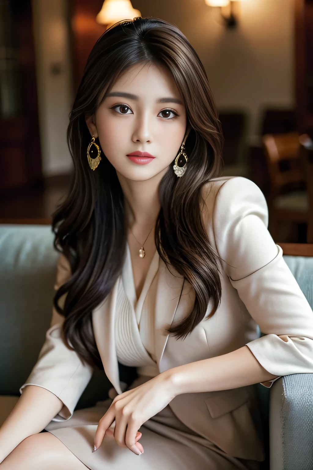 masterpiece, Highest quality, Realistic, Very detailed, Finer details, High resolution, 8k wallpaper, One beautiful woman, Wear a nice suit, In a great restaurant, At night, Light brown messy hair, Perfect dynamic composition, Beautiful and beautiful eyes、Big earrings、Sit on the sofa