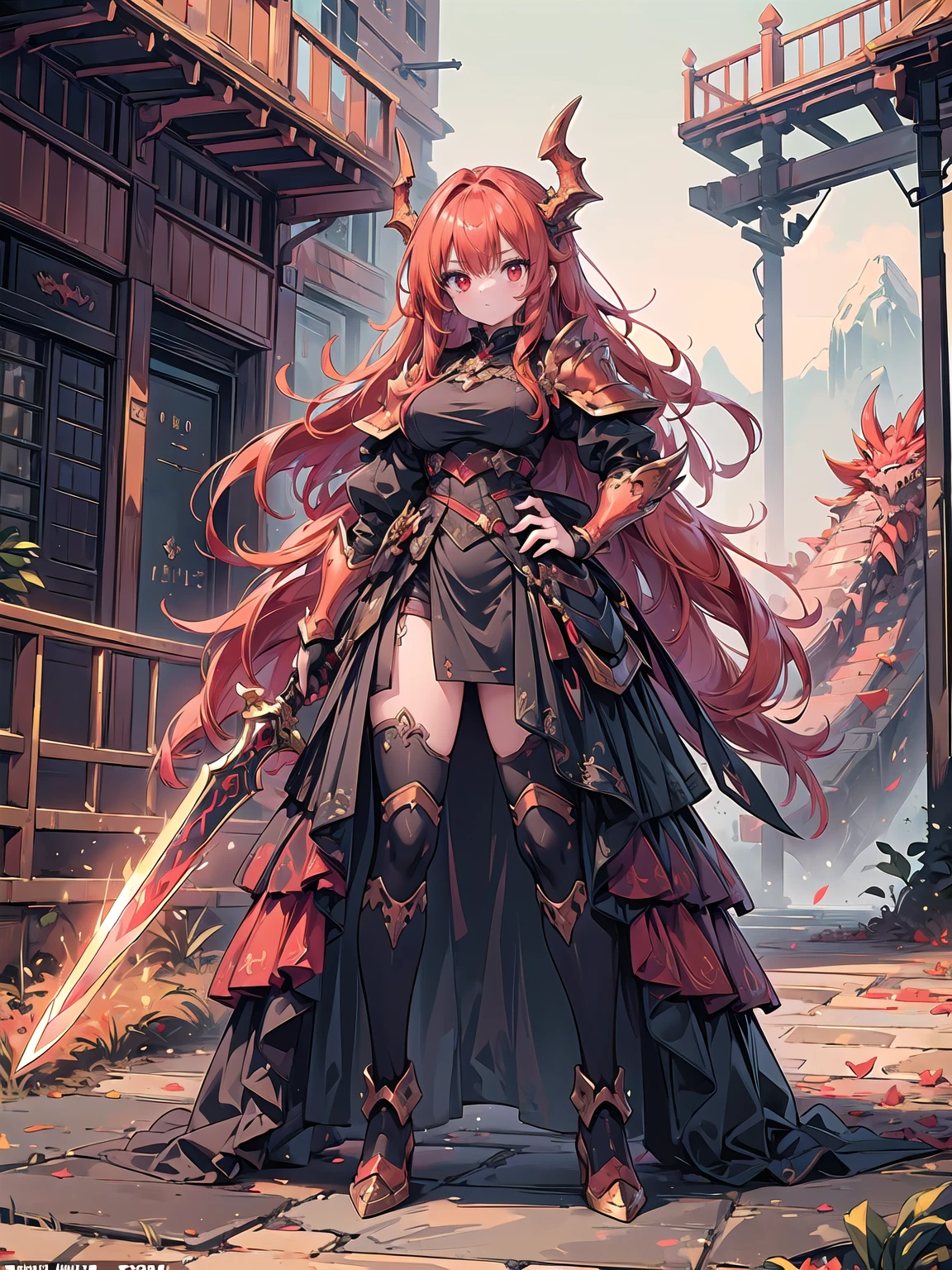Japanese anime style. woman. A painting by Akihiko Yoshida. devil armor. mini skirt. I am standing and spreading my legs. from below. --auto --s2