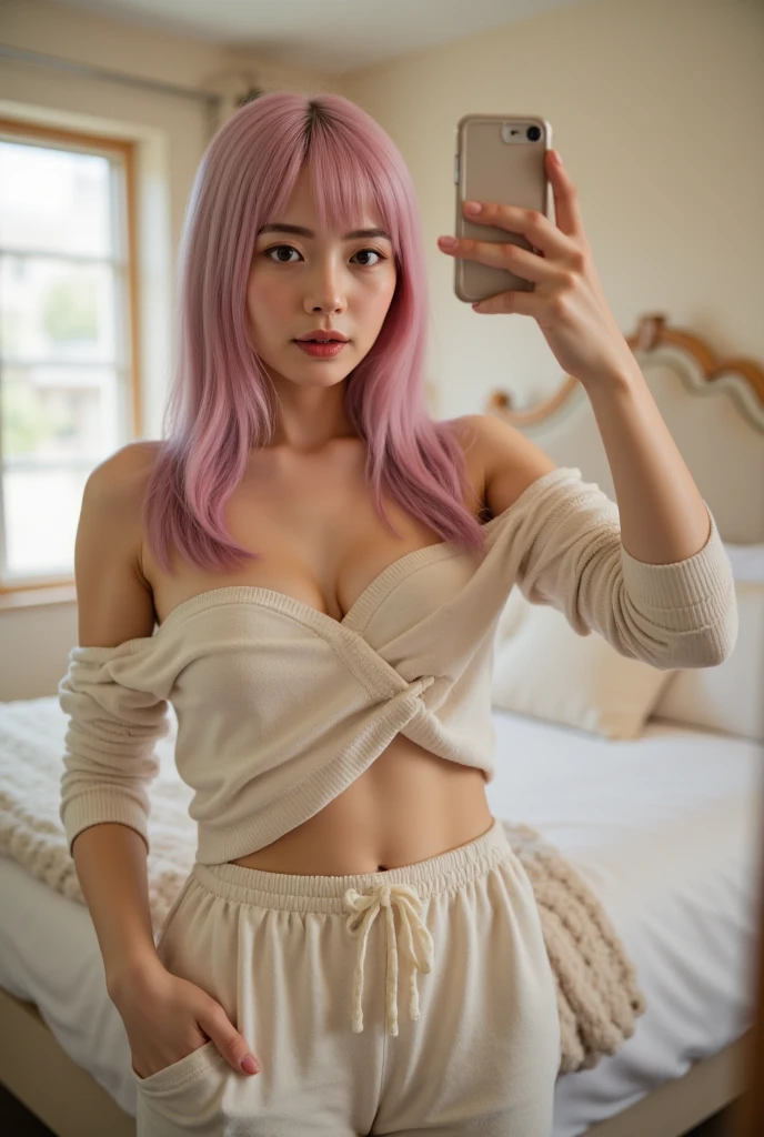Pink hair, sitting on chair, legs crossed, white bathrobe, silver jewelry, sunny, 25yo woman, wasian, soft makeup, sunny, best quality, alluring, smile