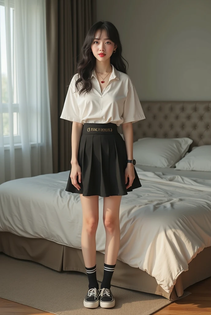 there is a woman standing in front of a refrigerator with a stuffed animal, white and black clothing, korean women's fashion model, ( ivory black ), korean girl, ulzzang, handsome girl, casual pose, jk uniform, 🤤 girl portrait, casual white garment, asian girl, white and black, high quality portrait, white trendy clothes, young asian girl