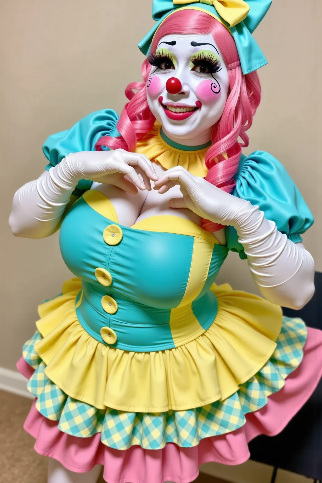 A cheerful female clown, curly rainbow wig, exaggerated makeup, brightly colored tutu, colorful tight bodysuit, creative camera perspective, highly detailed digital painting, 4K resolution, edgClussy,red clown nose, a woman wearing edgClussy <lora:edgClussy:0.75>,
<lora:IlluminatingJabMixV2:0.95>