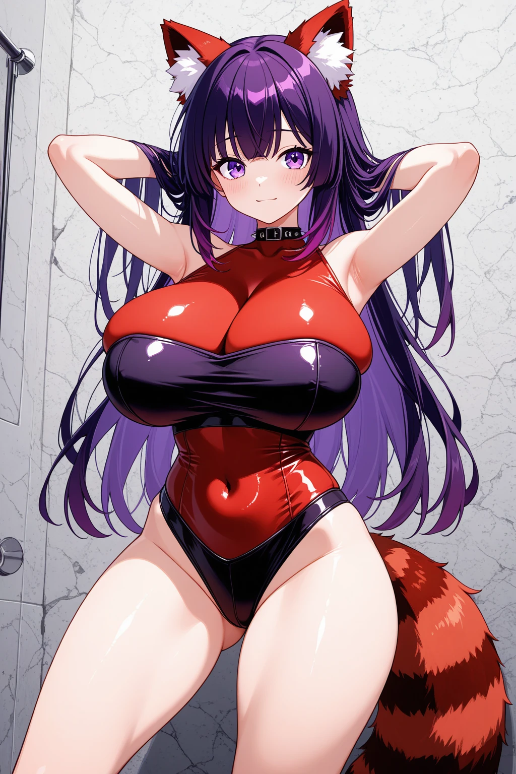 Happy woman, with wolf ears and red hair, holding her cheeks, wolf tail, wearing a latex dress, looking at veiwer, full body, you can see her chest, naked breasts