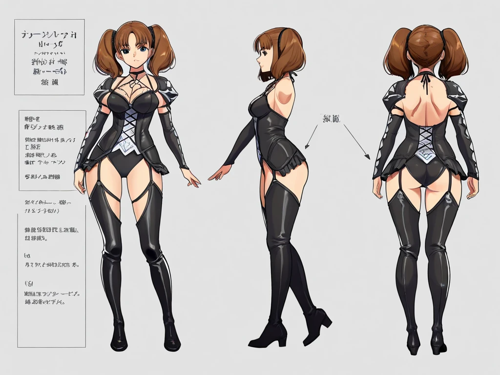 ((Best Quality)), ((Masterpiece)), ((Realistic)) 19 year old, redhead girl, shoulder length hair, relaxed happy face ((slender)) (busty), ((( black lingerie ))) ((sexy )) textured pixie haircut (((detailed character sheet, frontal view, side view, three quarter view))) (((white background))) 6 and a half heads full body