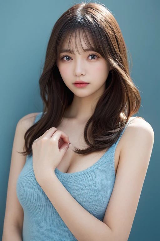 See-through tops、巨乳、オフショルダー、キャミソール、(背景にwhite wall、Part of her hair is sky blue:1.4)、white wall、Taken in front of the white door、(窓のあるwhite wallの部屋)、((highest quality、8K、masterpiece:1.3))、ultra high resolution、(photorealistic:1.4)、raw photos、Japanese,(details face)、real、Shot in natural light、Highly detailed face and skin texture、highly detailed lips、correct state of the human body、medium hair、black hair、various poses、natural color lip