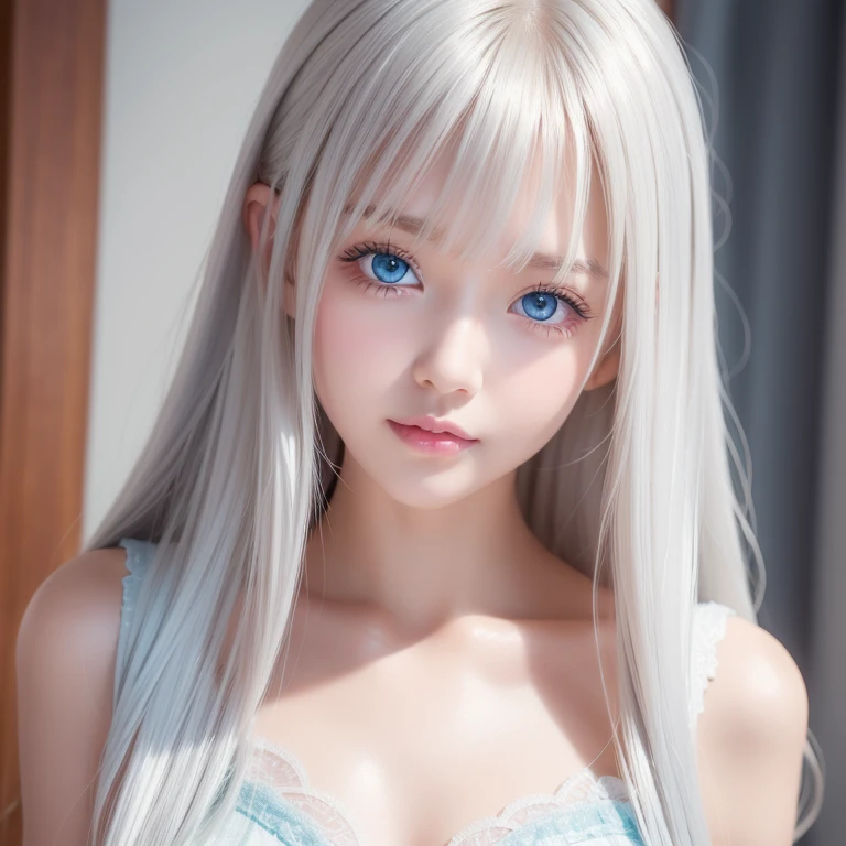 silver shiny hair、Super long straight silky hair、Dazzling blonde super long silky hair、16 years old cute little beautiful face、A beautiful girl、Sparkling blonde dancing in front of a pretty face、Long, silky bangs that cover the space between the eyes、Very beautiful, bright, large, light blue eyes、Very big eyes、Hair that hides the face、Sexy pretty young woman with super long bangs、Very white skin、Cheek gloss highlighter、Small Face Beauty、Round face、Cute Shirts、Ample Bust, embarrassed face、Smiling Face、One piece dress、