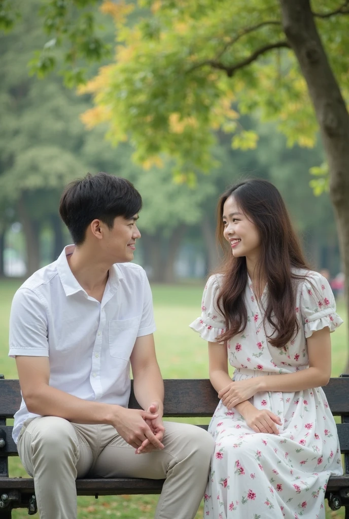 Two young Chinese, sitting on a park bench, smiling and making eye contact with each other. Scene: Next to the park benches is a green grassy lawn, a few white clouds drift in the sky, and the sun shines on the two young people.