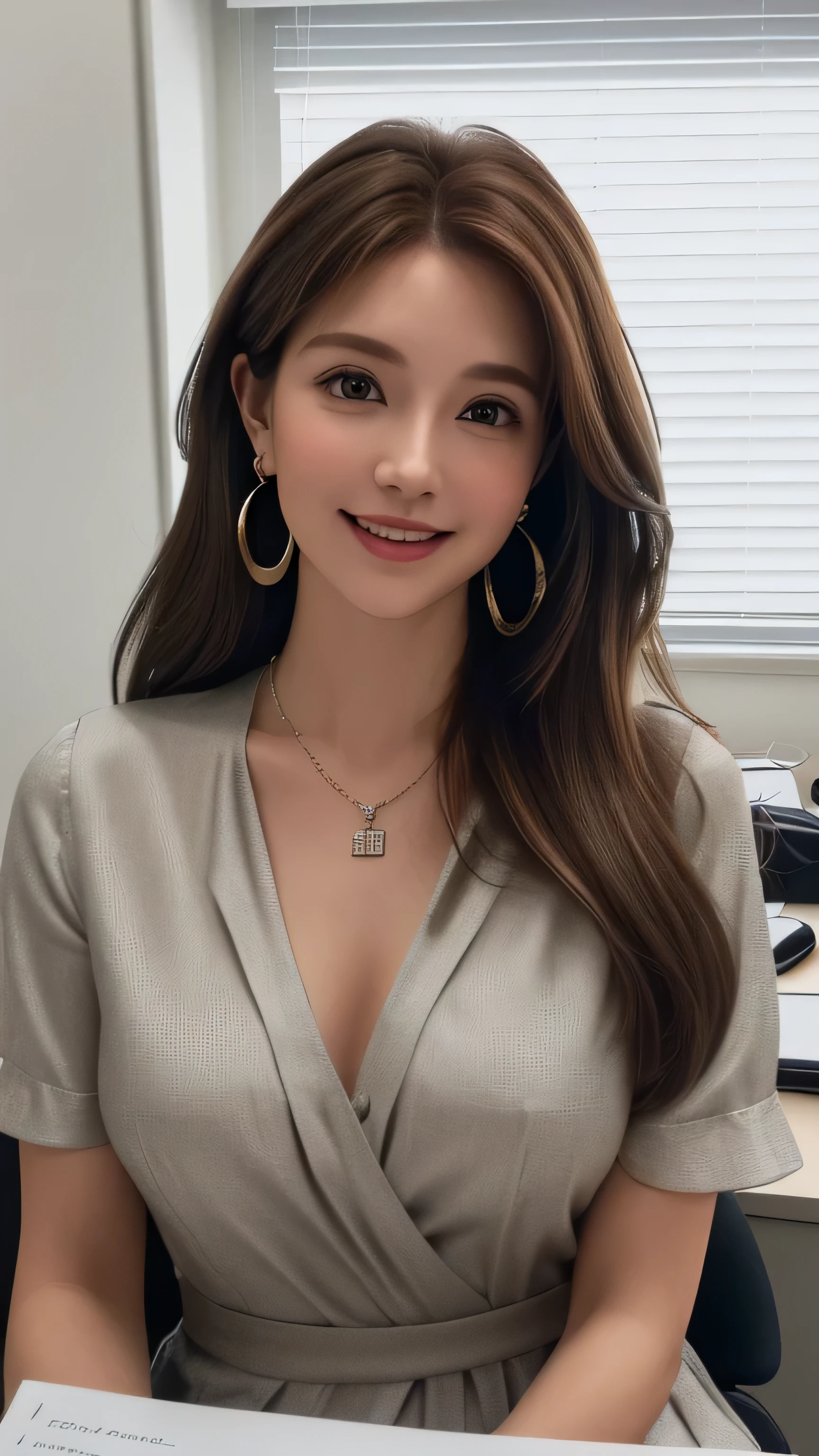 Beautiful young woman、 Black Hair、Wavy Hair、Necklace around the neck、Office Lady Suits、Jacket、Unbuttoned shirt、Flashy makeup、smile、Laughing with your mouth open、Intricate details, Very detailed:1.2), 、 Looking into the camera,The background is the office、Necklace around the neck、Dark eyeliner、ear piercing