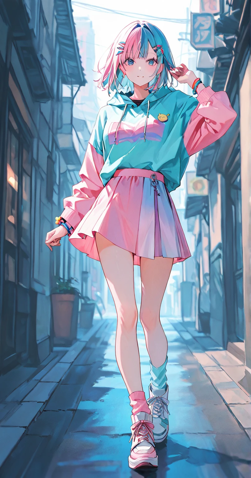 1girl, pink ponytail, half body, thighs socks, messy curly hair, multiple poses, detailed facial features, beautiful eyes, beautiful lips, delicate features, cinematic lighting, dramatic angles, ethereal, pastel colors, dreamlike, soft focus, digital art, masterpiece, cloudy weather, heterochromia, fluffy, standing