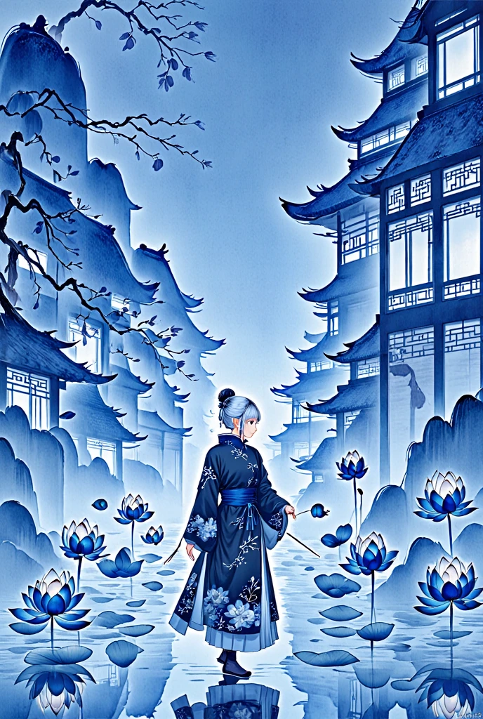 Stack hydrangeas,Traditional Zhuang costumes,silver ornaments,Landscape moiré,Chinese Ancient Architecture,Bell and Drum Tower,tmasterpiece,vectorial art,ultra - detailed,closeup cleavage,2D illustration,Best quality at best,超高分辨率, best shadow,