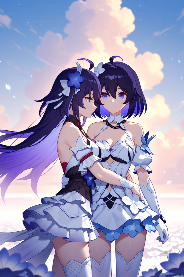best quality, extremely detailed, ((((anime style 2girl)))),((yuri)),1st girl long hair down to the waist, straight hair, dark black hair with bluish,beautiful detailed eyes, pinched eyes, dark blue eyes,2nd girl wavy long hair,((((blunt bangs)))),(hair between eyes),bright blond hair,beautiful detailed eyes,Orange eyes,Sharp eyes with many eyelashes,huge breasts,cutie white base colorful frill
 Bikini,hair ornament,rabbit like hairband,beach side Luxurious room,smile,active pose 
