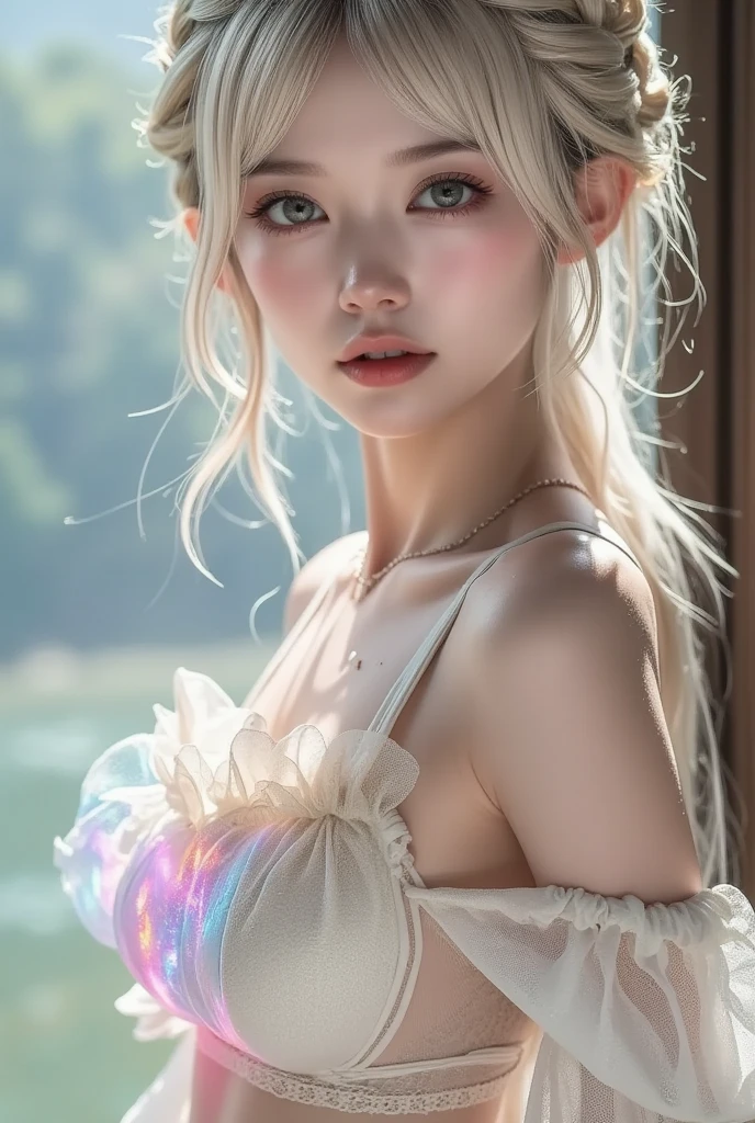 (Dynamic Poses) 1beautiful girl, White hair, Angelic, Cute, childish, chubby cheeks, Blue eyes, Long silver straight hair with bangs, White robe, Intricate ornaments, 1girl in,Lying on your back in a flower garden,white blossoms,Looking at Viewer,Blue eyes,Blonde hair,daisy,Long hair,Pure white dress,NSFW,A sexy、seductiv、middlebreasts。Realistic, Dynamic angles, Cinematic lighting, Trending on ArtStation, By Irakli Nadar, Greg Rutkowski,(((Best Quality))),(((ultra-detailliert))),(((masutepiece)))