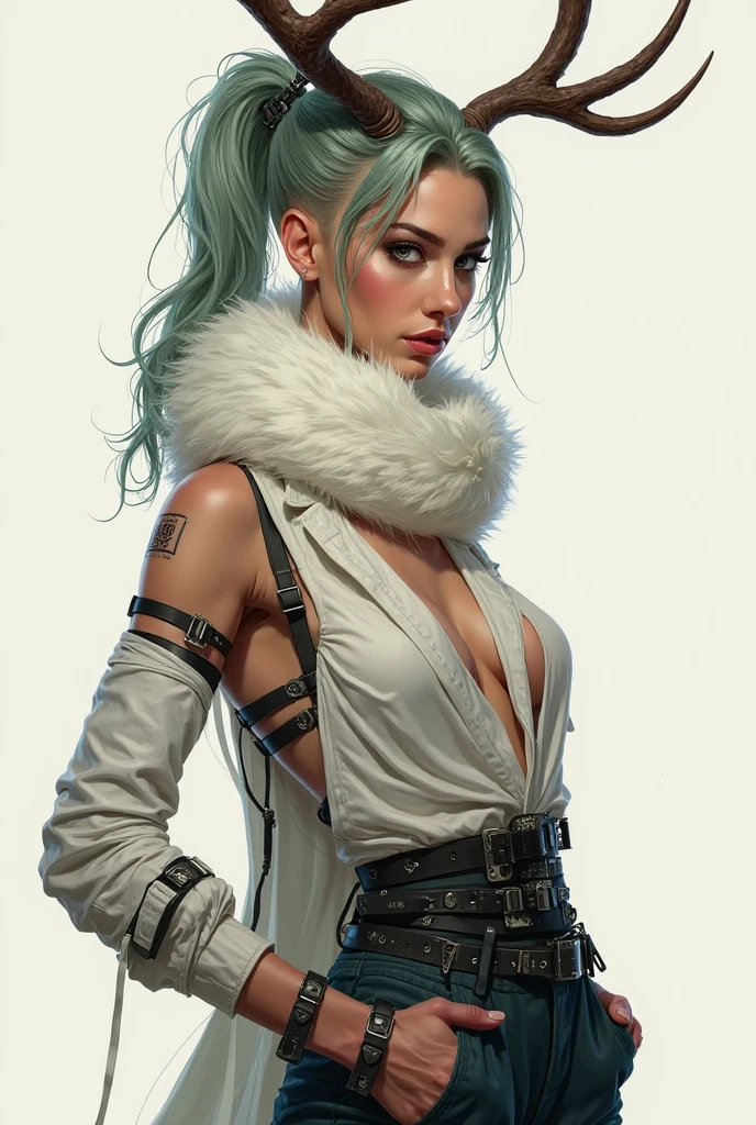 Woman, hair green, scar above the nose, Bust Big, long hair tied, robotic arm, smoking a cigar, fur coat on her back
